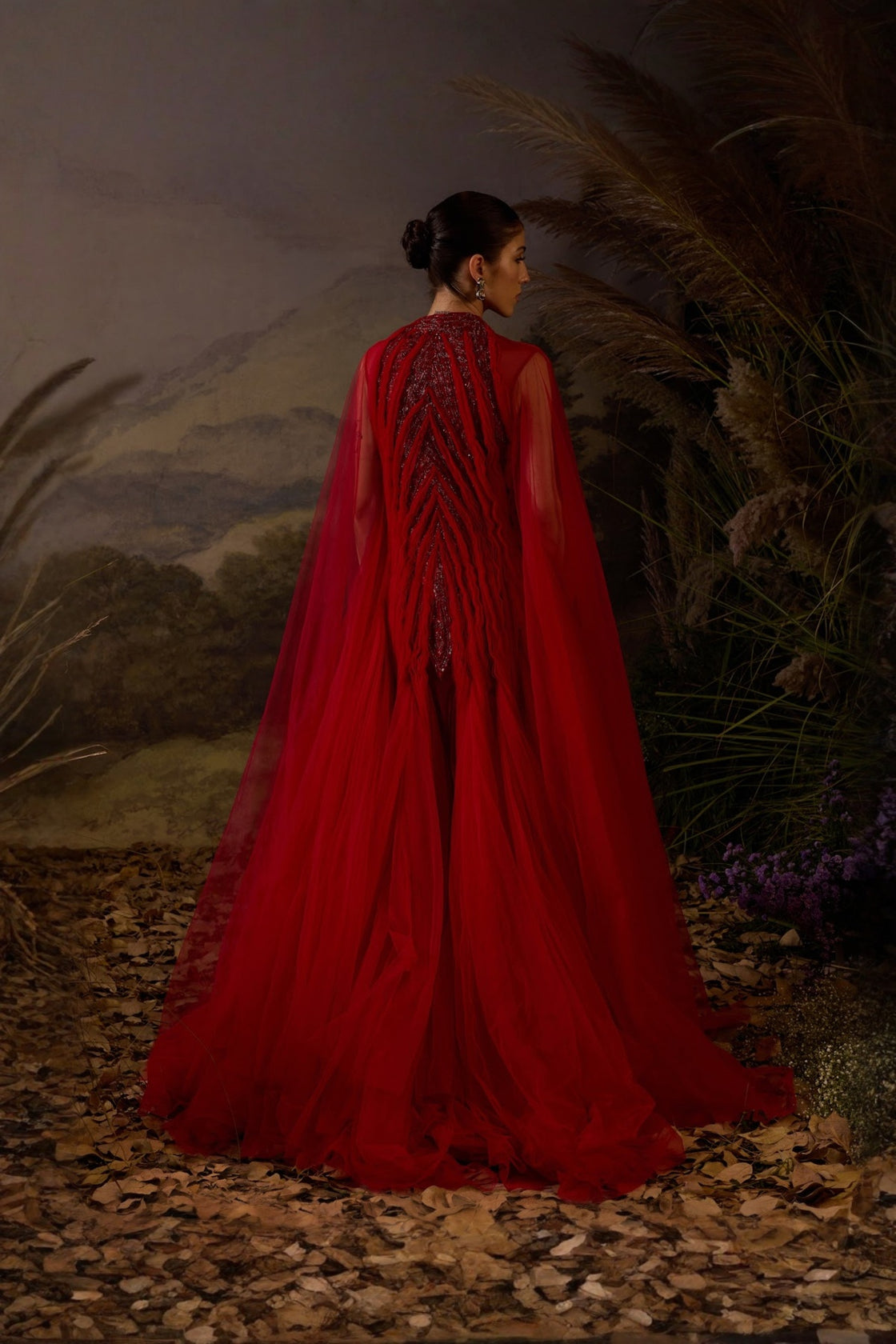 Red Heritage Embroidered Sequence Flowy Gown