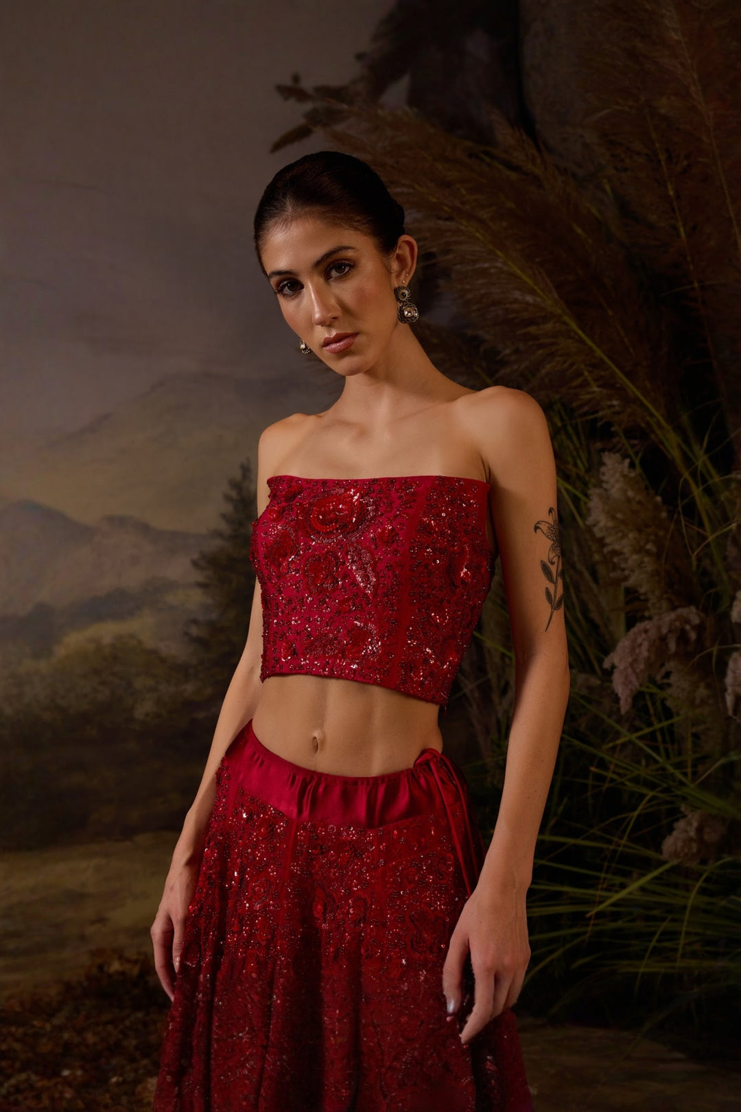 Scarlet 3D Zardozi Embroidered tube top &amp; Skirt Set