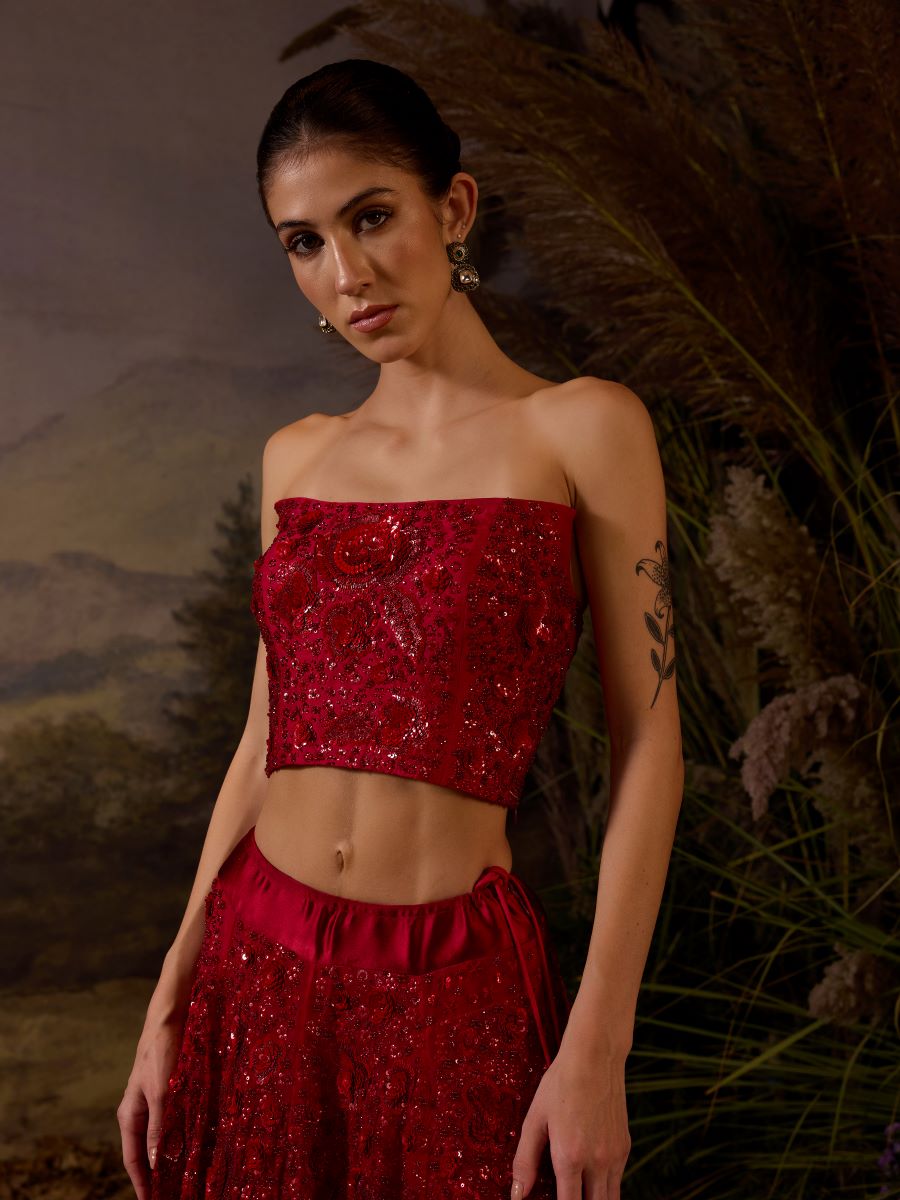 Featured Here Is A red organza & cotton silk tube top & skirt