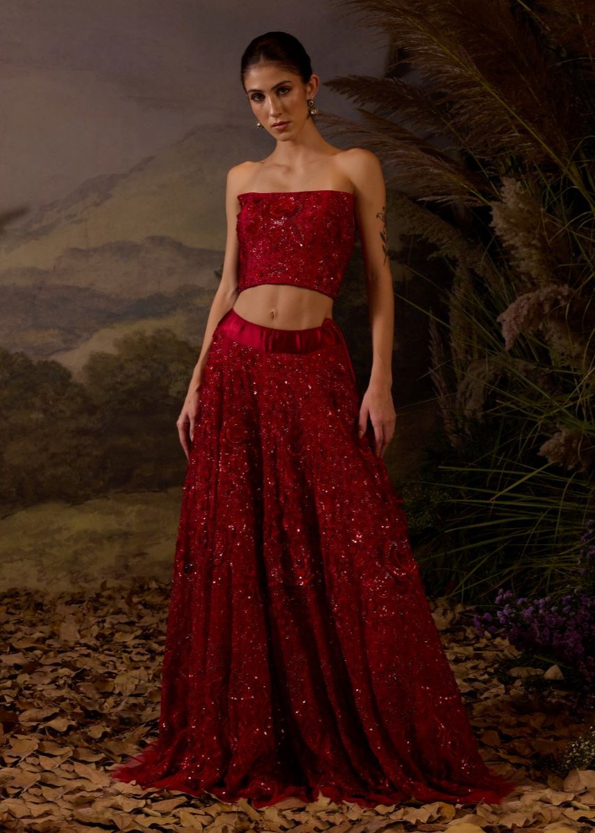 Featured Here Is A red organza & cotton silk tube top & skirt