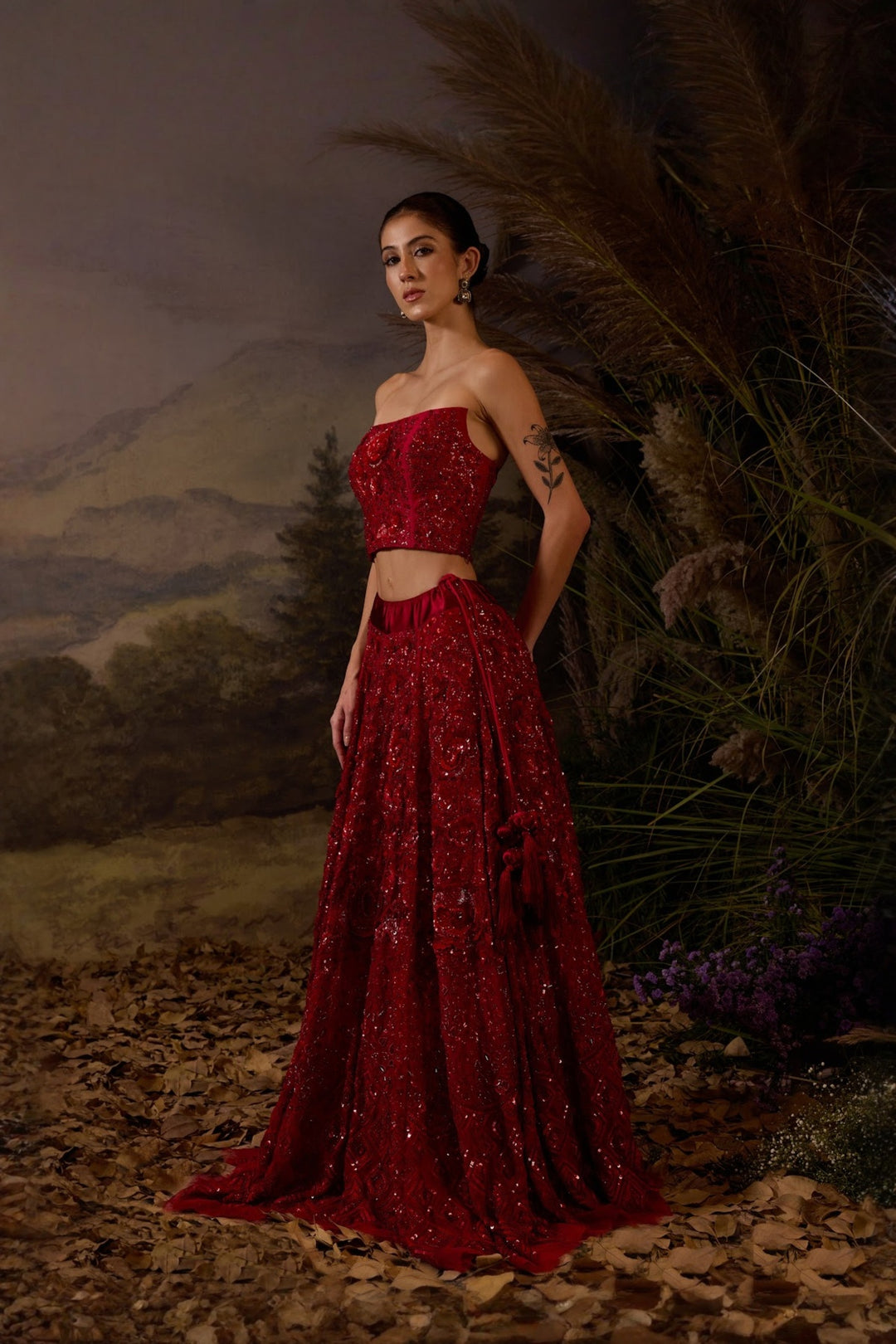 Scarlet 3D Zardozi Embroidered tube top &amp; Skirt Set
