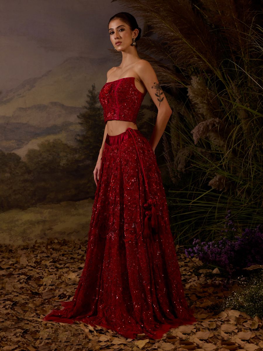 Featured Here Is A red organza & cotton silk tube top & skirt