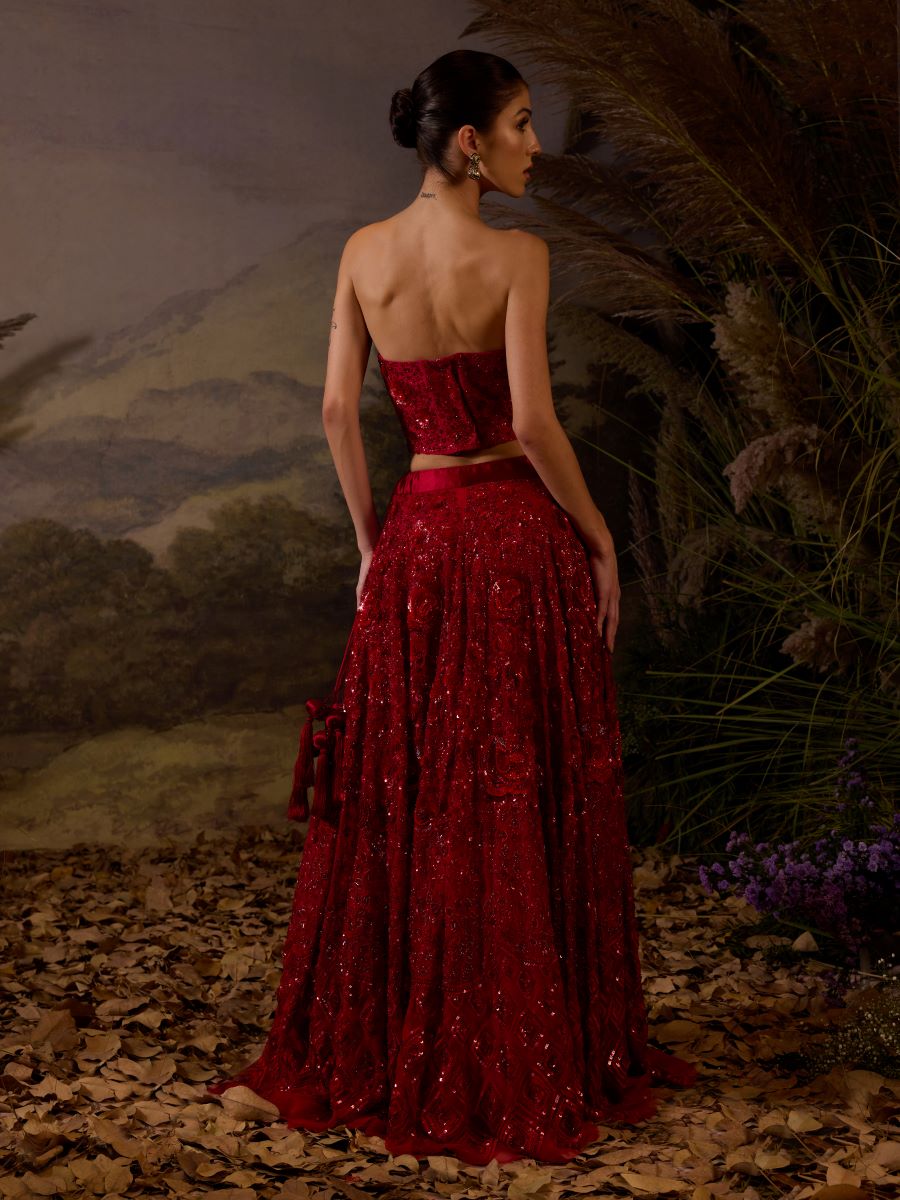 Featured Here Is A red organza & cotton silk tube top & skirt