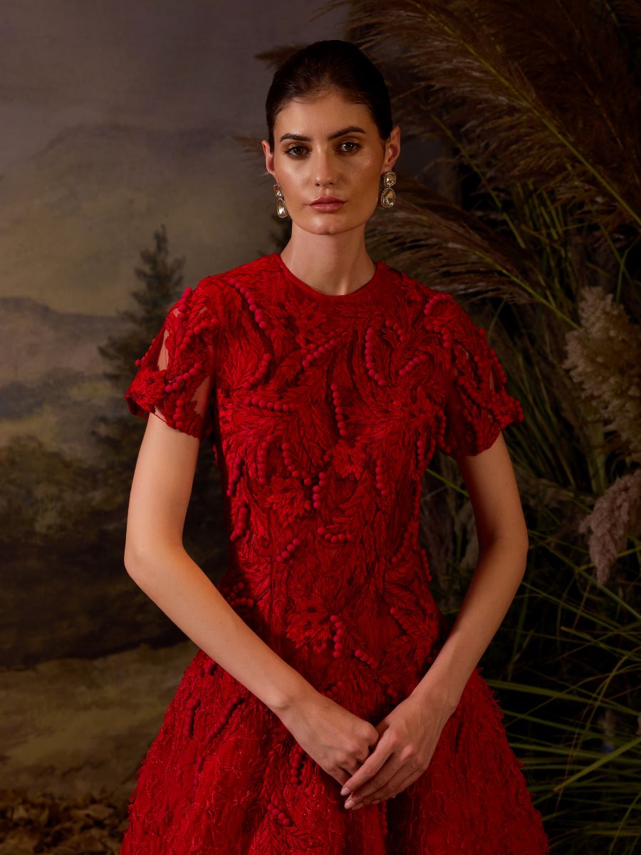 A Red floor length gown Embroidered with tonal silk thread and 3d hand work