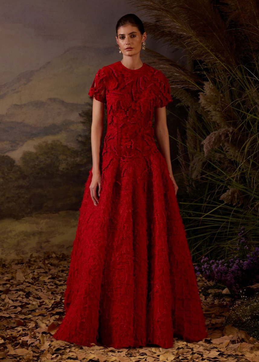 A Red floor length gown Embroidered with tonal silk thread and 3d hand work