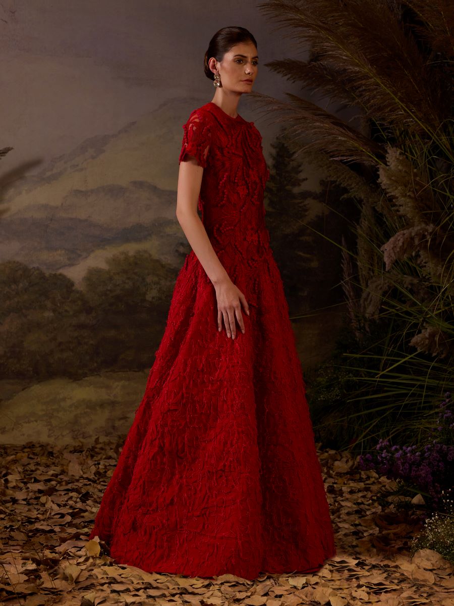 A Red floor length gown Embroidered with tonal silk thread and 3d hand work