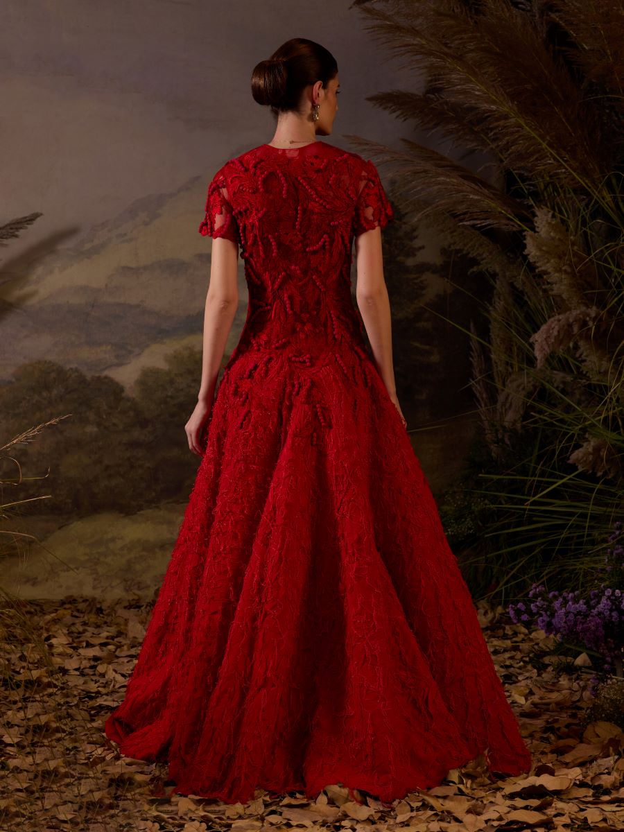 A Red floor length gown Embroidered with tonal silk thread and 3d hand work