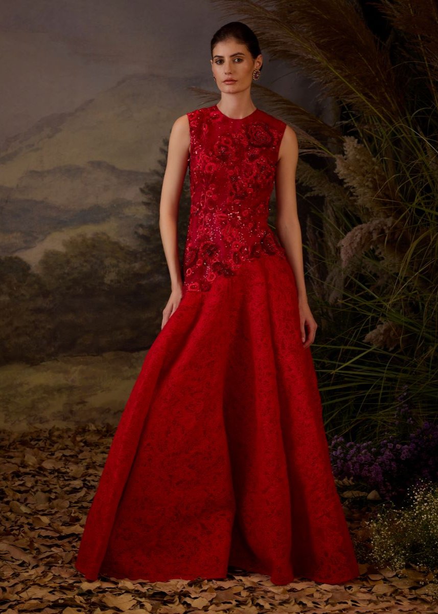 A Red Gown  With  tonal 3d embrodidery in torso and bottom