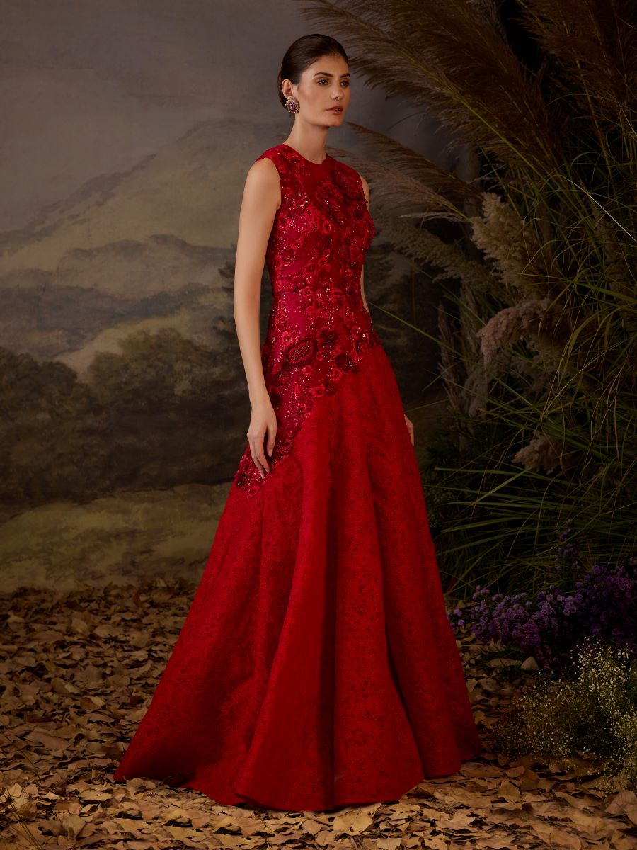 A Red Gown  With  tonal 3d embrodidery in torso and bottom