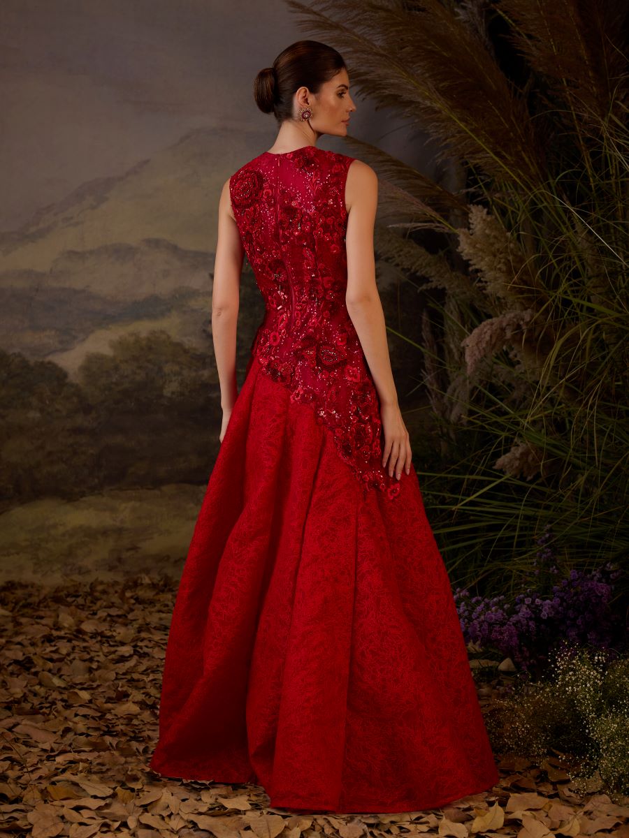 A Red Gown  With  tonal 3d embrodidery in torso and bottom