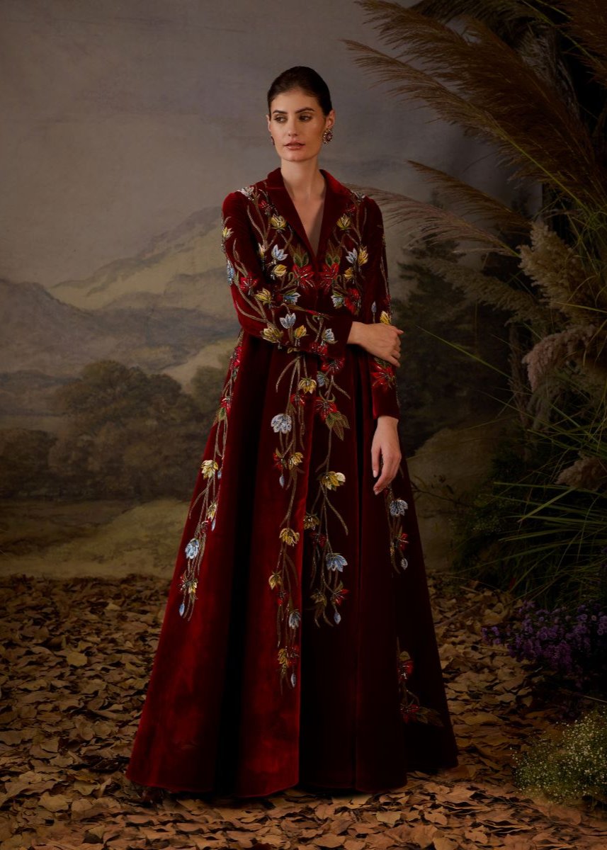 Mandarin-collared Embroidered Jacket Gown