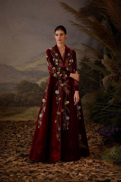 Mandarin-Collared Embroidered Jacket Gown