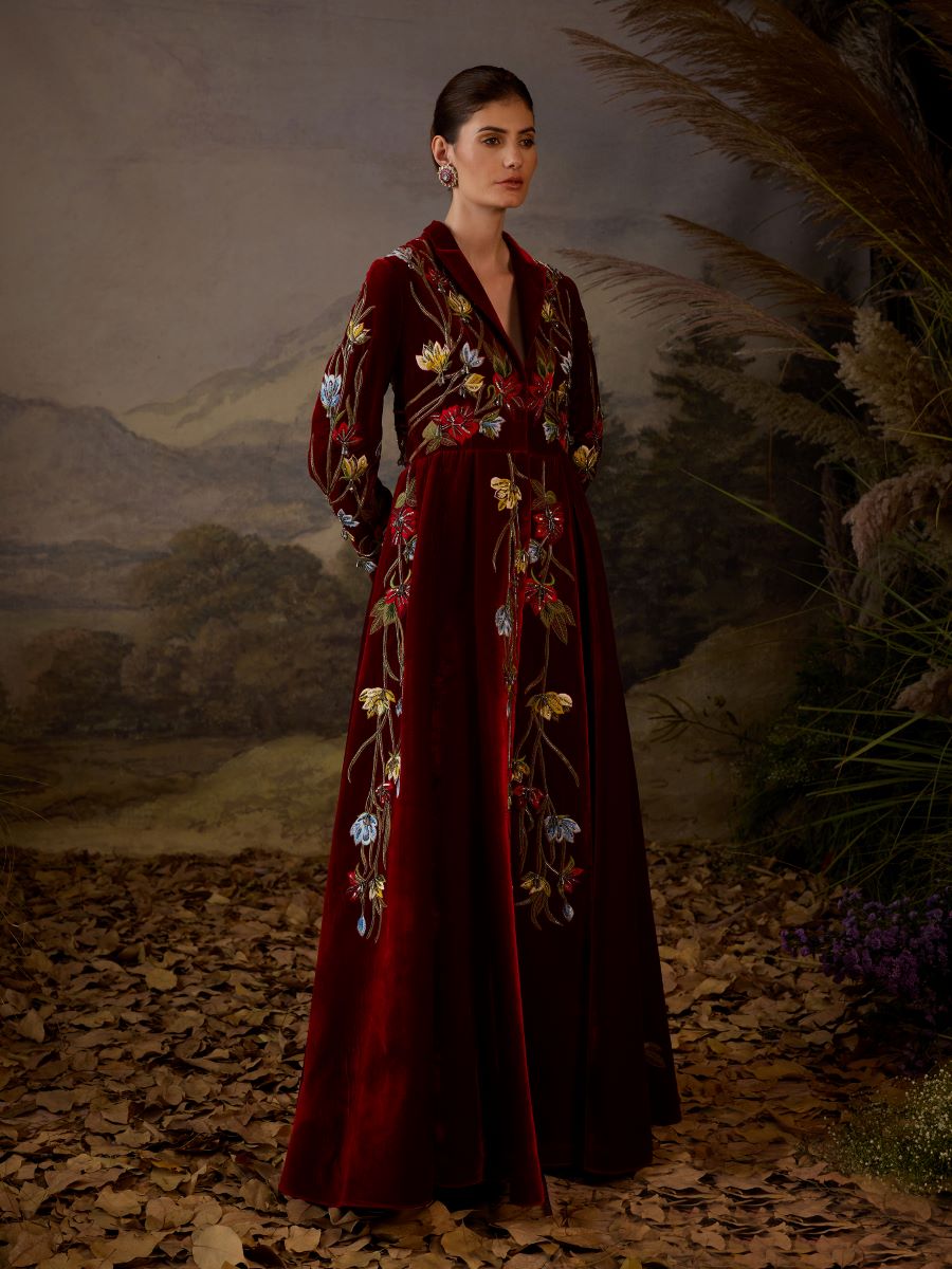 Mandarin-collared Embroidered Jacket Gown