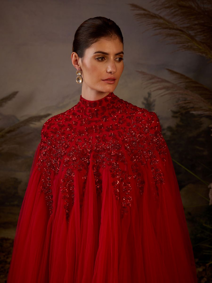 Red kaftan dress with tonal zardozi embroidery