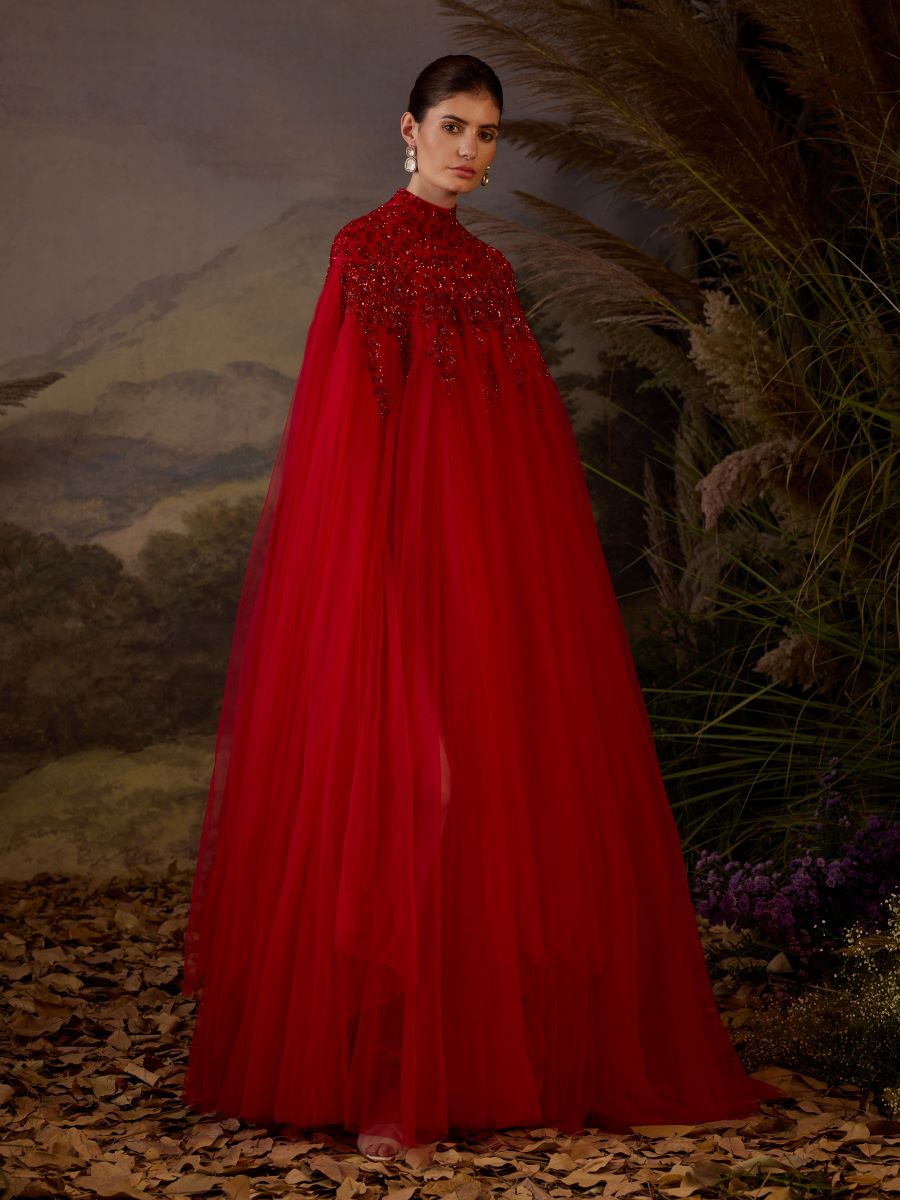 Red kaftan dress with tonal zardozi embroidery