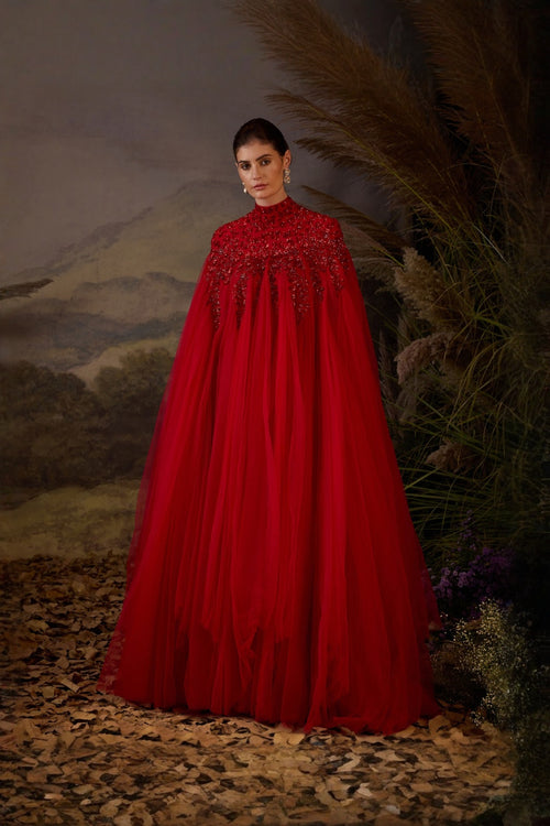 Scarlet Tonal Zardozi Embroidered Gown