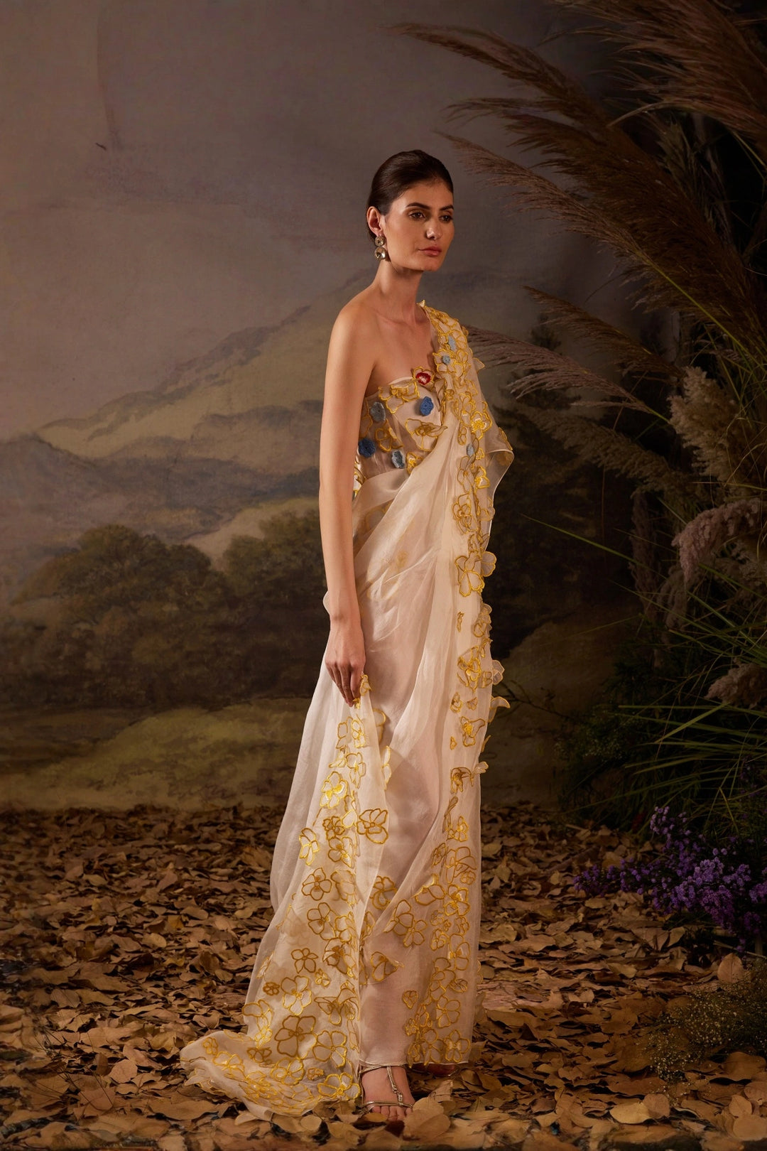 Ivory Appliqué Floral Saree