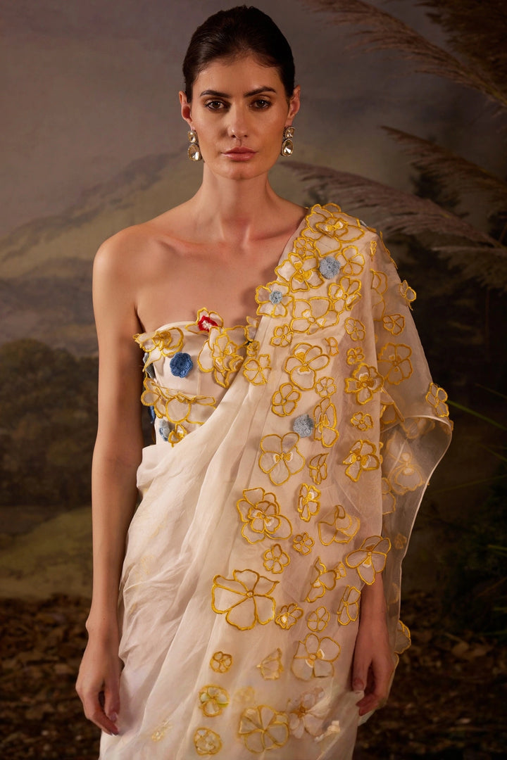 Ivory Appliqué Floral Saree