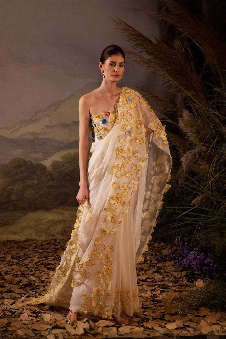 Ivory Appliqué Floral Saree