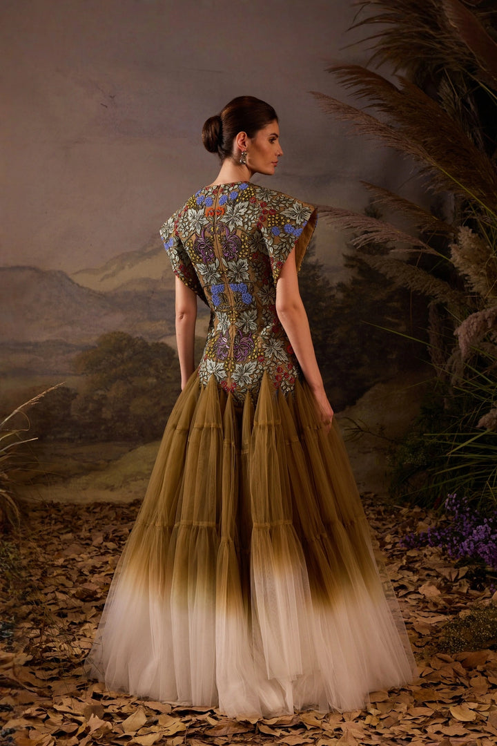 Olive Green Embroidered Bodice Gown