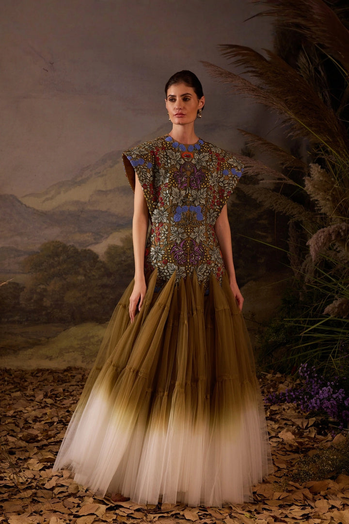 Olive Green Embroidered Bodice Gown