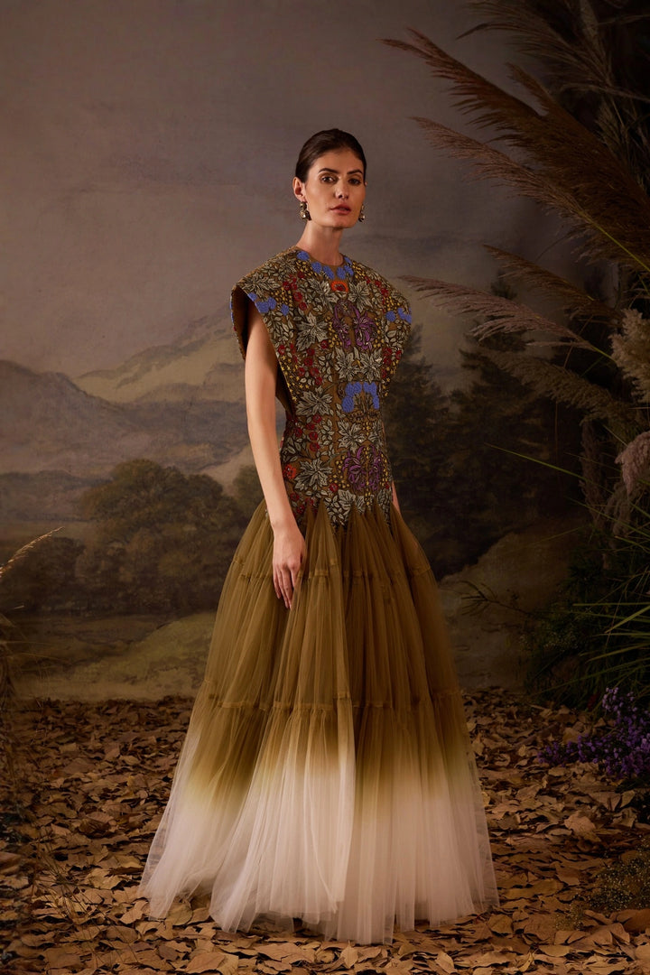 Olive Green Embroidered Bodice Gown