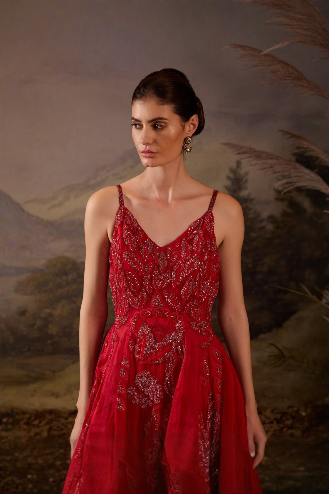 Crimson Sequin Embroidered Evening Gown