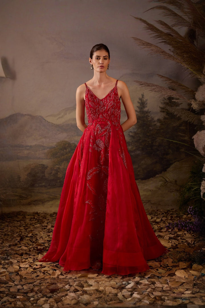 Crimson Sequin Embroidered Evening Gown