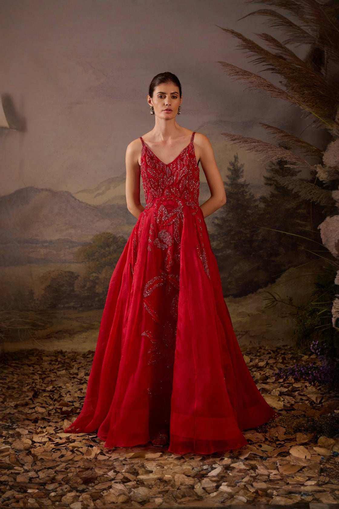 Crimson Sequin Embroidered Evening Gown