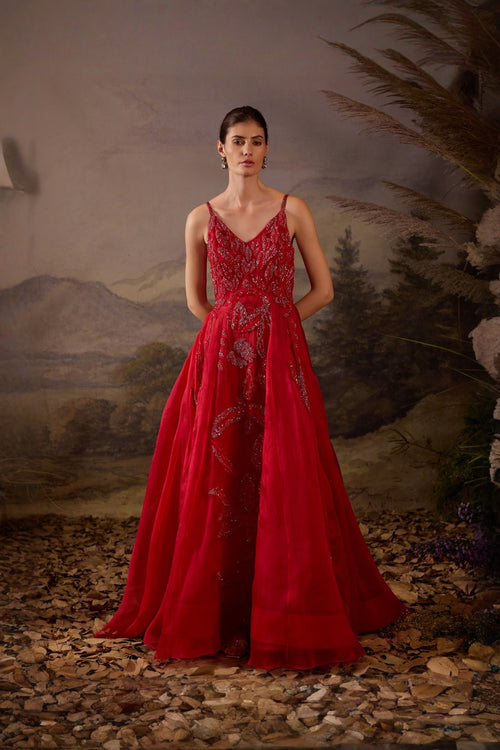 Crimson Sequin Embroidered Evening Gown