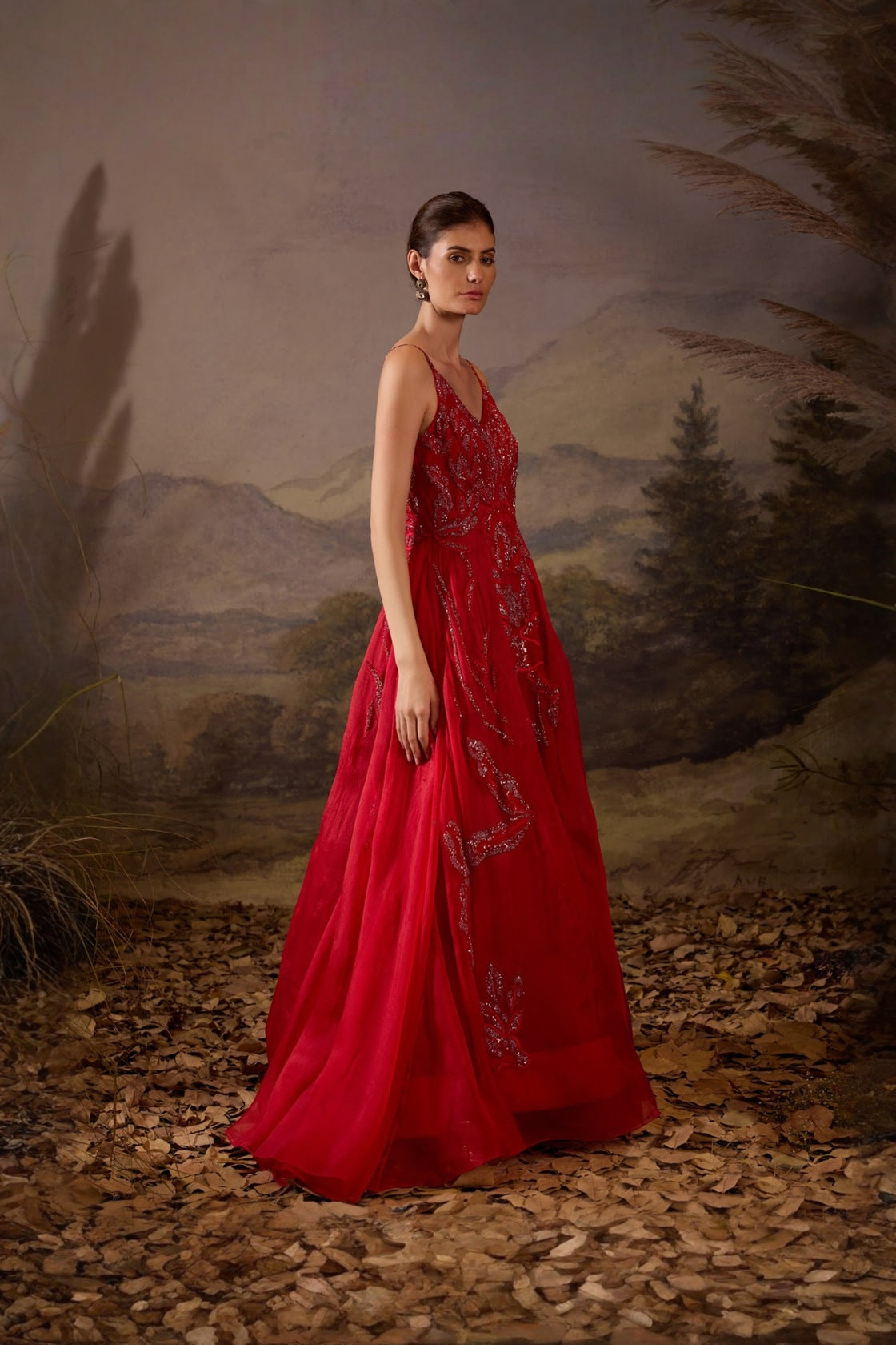 Crimson Sequin Embroidered Evening Gown