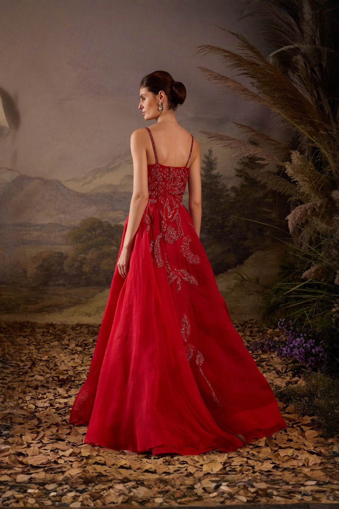 Crimson Sequin Embroidered Evening Gown