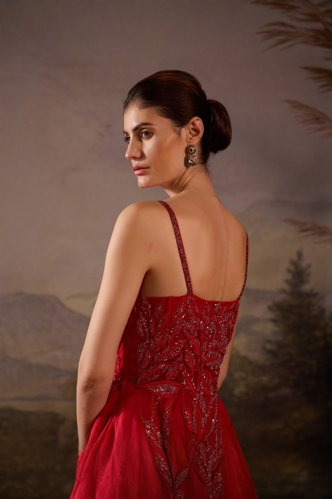 Crimson Sequin Embroidered Evening Gown
