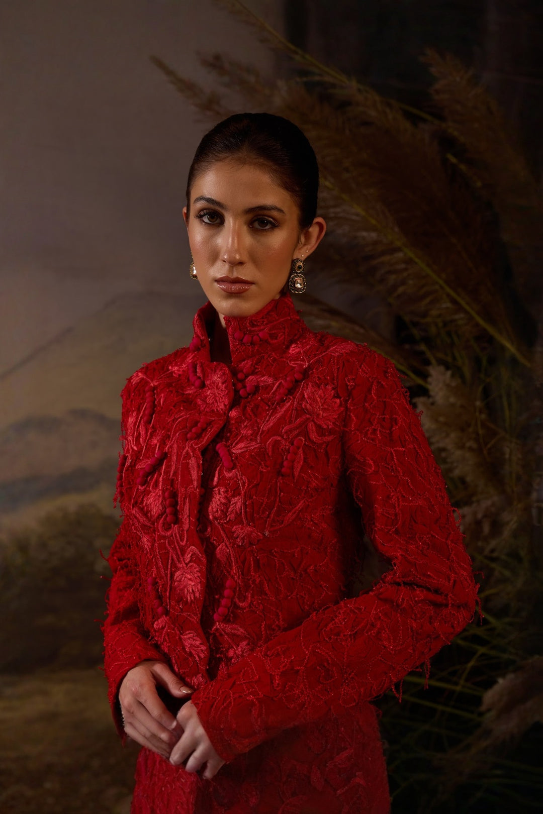 Scarlet red Floral Embroidered Jacket Dress Set