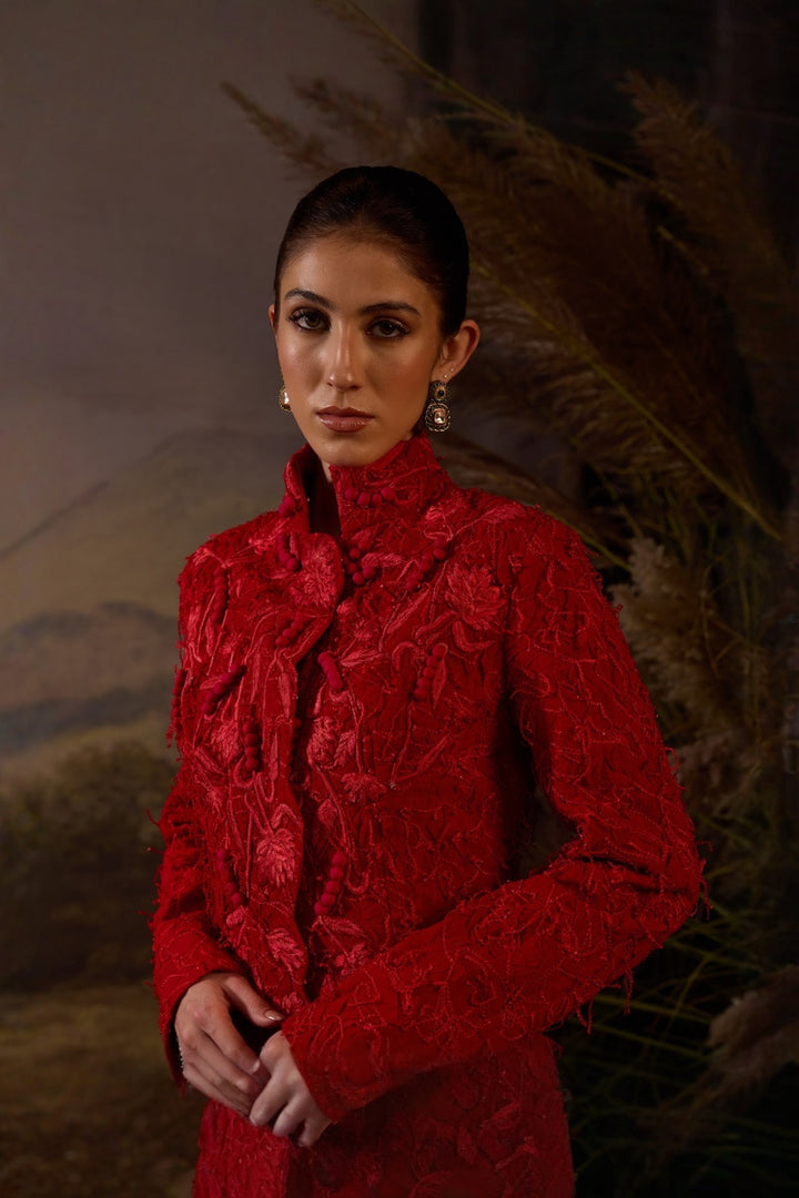 Scarlet red Floral Embroidered Jacket Dress Set
