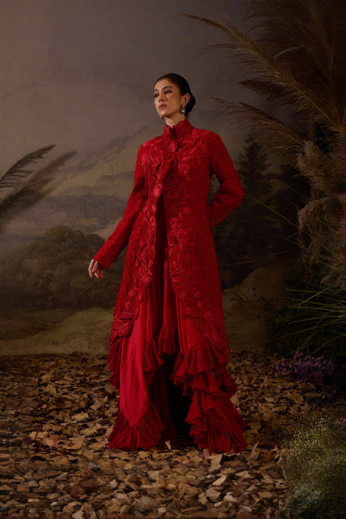 Red Bustier Ruffle Dress & Jacket
