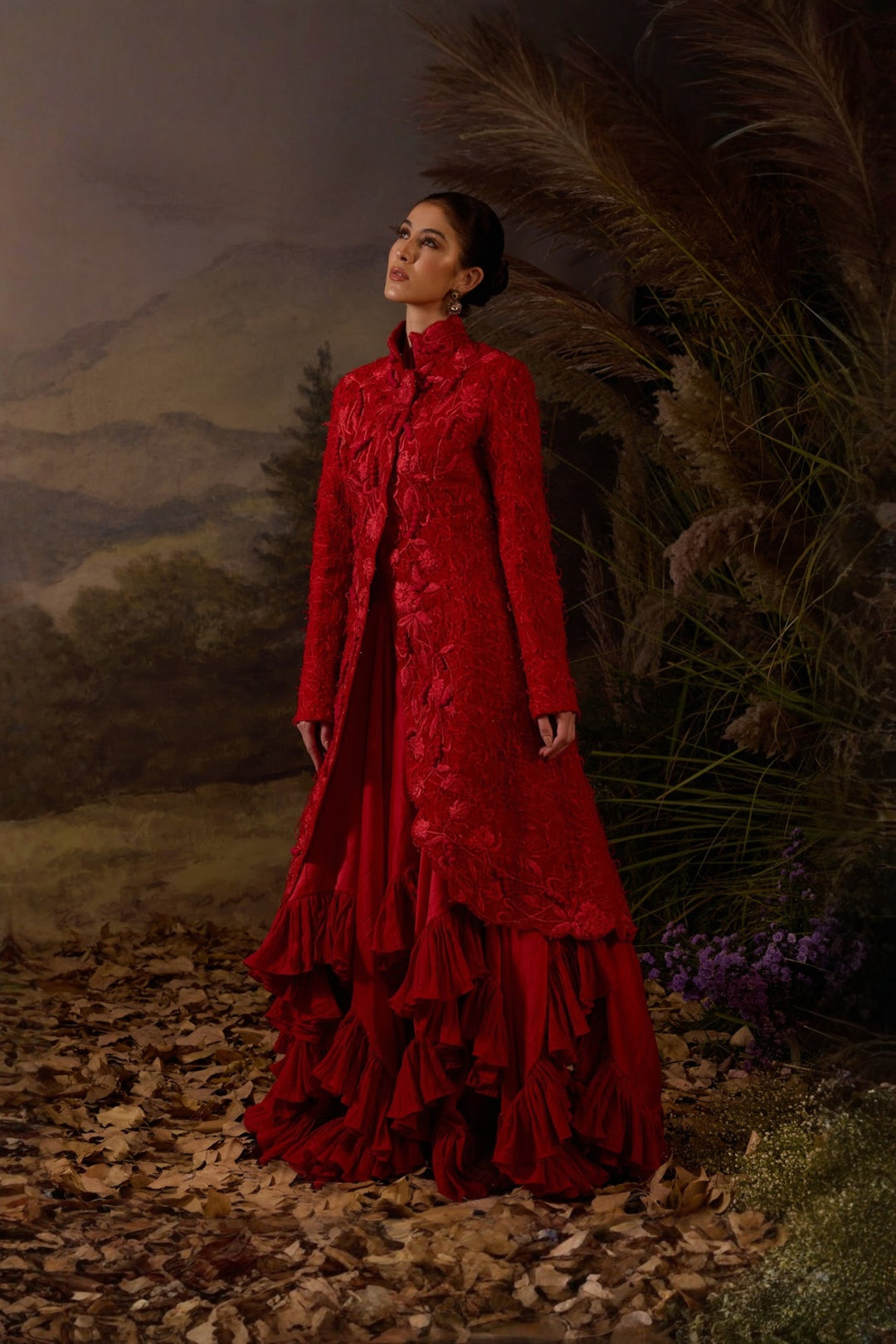 Scarlet red Floral Embroidered Jacket Dress Set