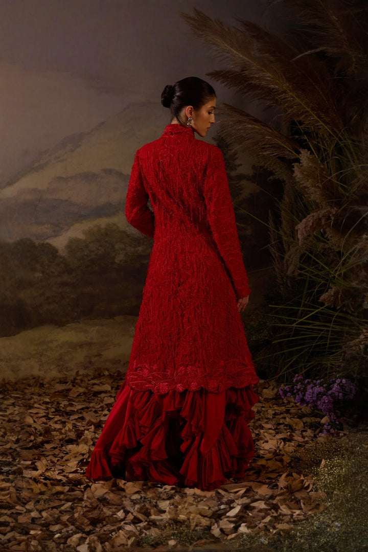 Scarlet red Floral Embroidered Jacket Dress Set