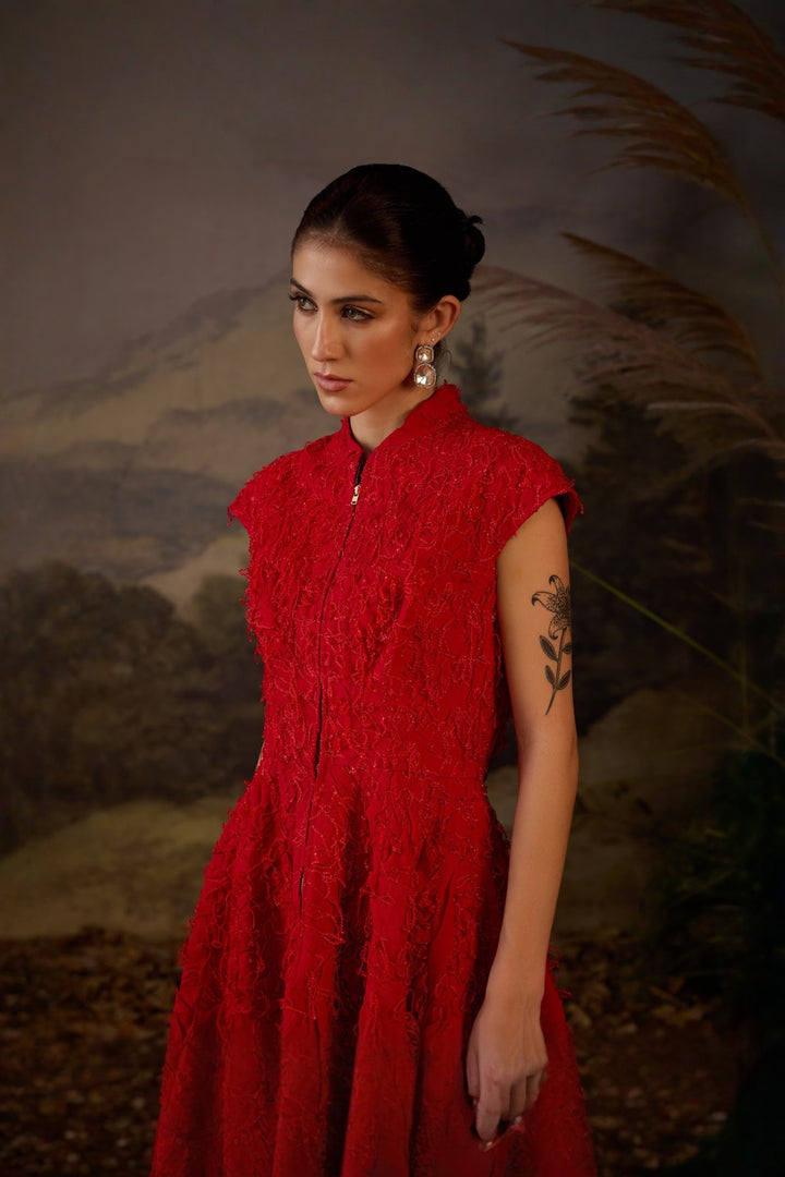 Scarlet red Silk Thread Embroidered Chiffon Jacket with pants