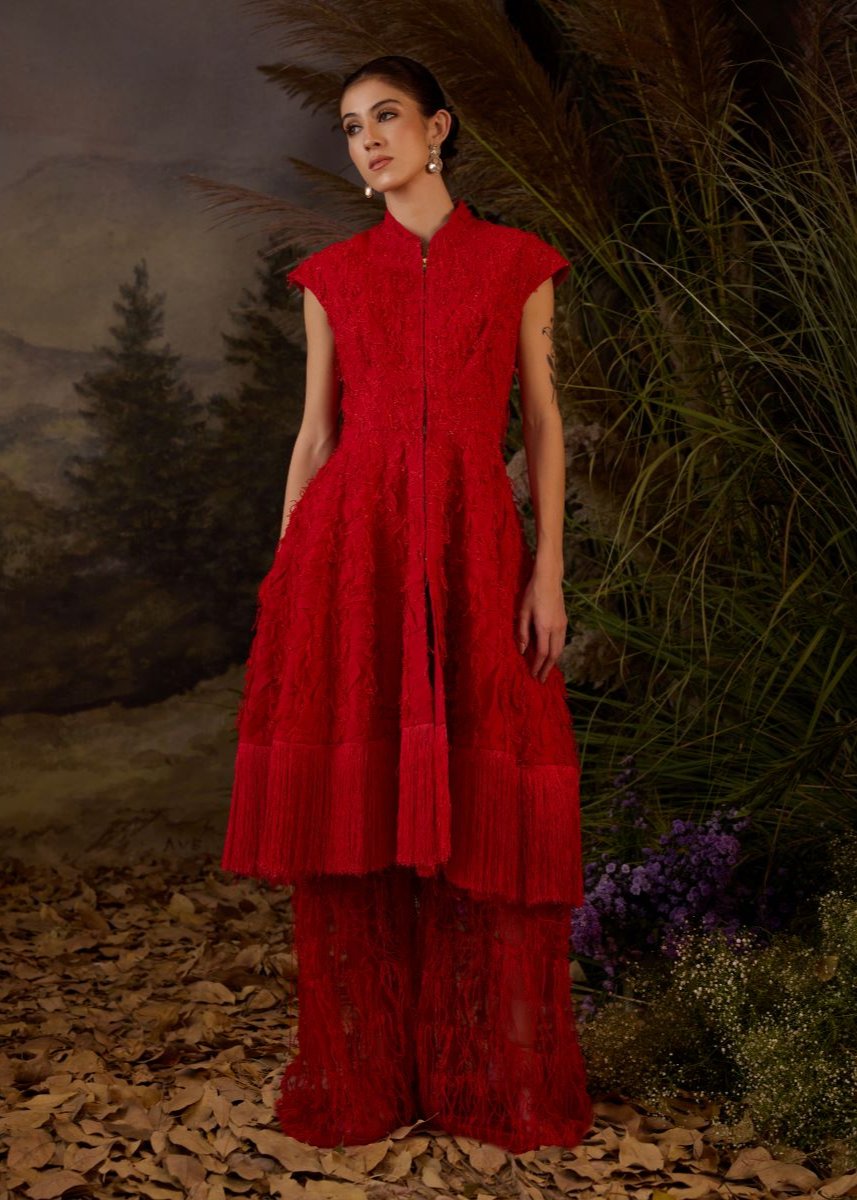 A red Textured  short dress