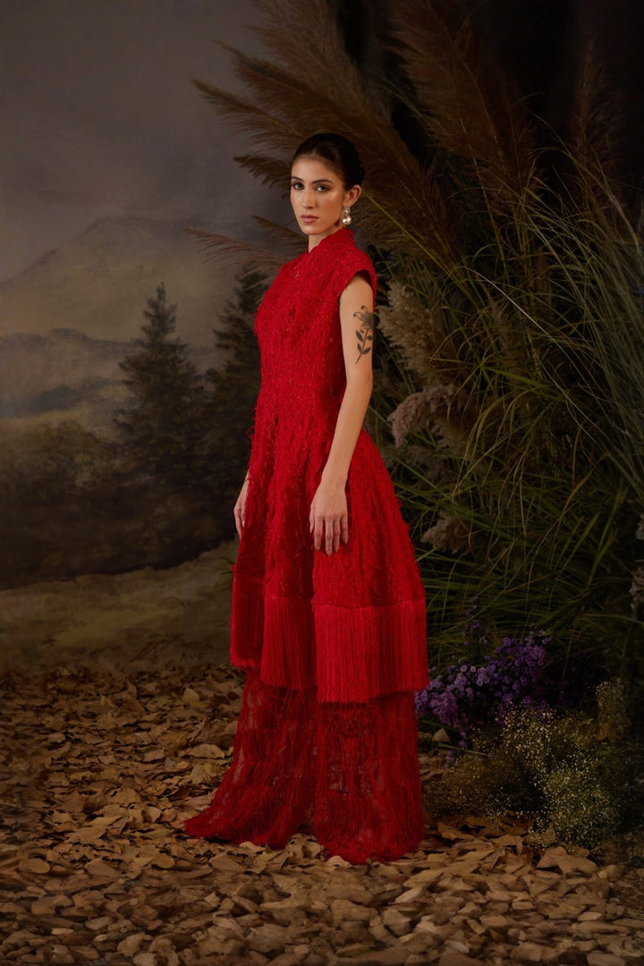 Scarlet red Silk Thread Embroidered Chiffon Jacket with pants