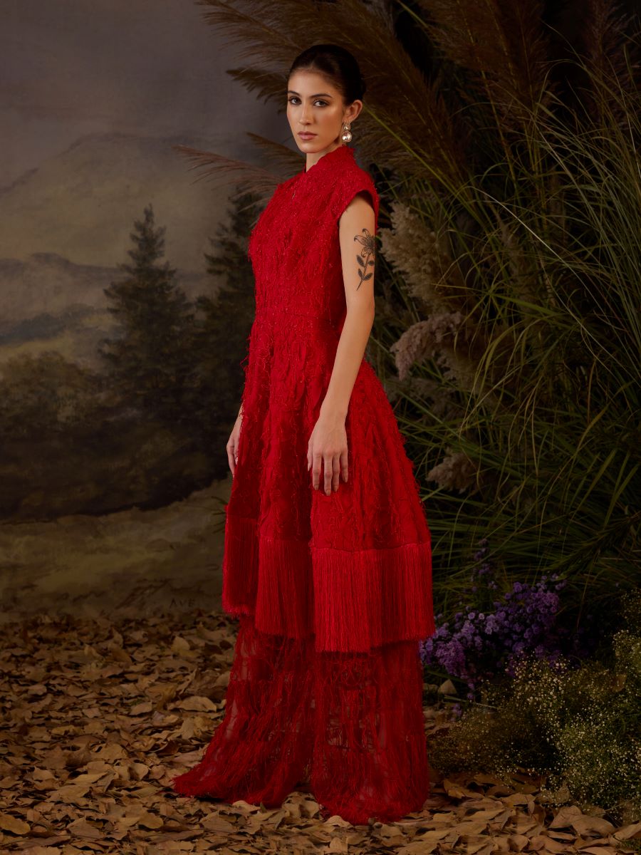 A red Textured  short dress