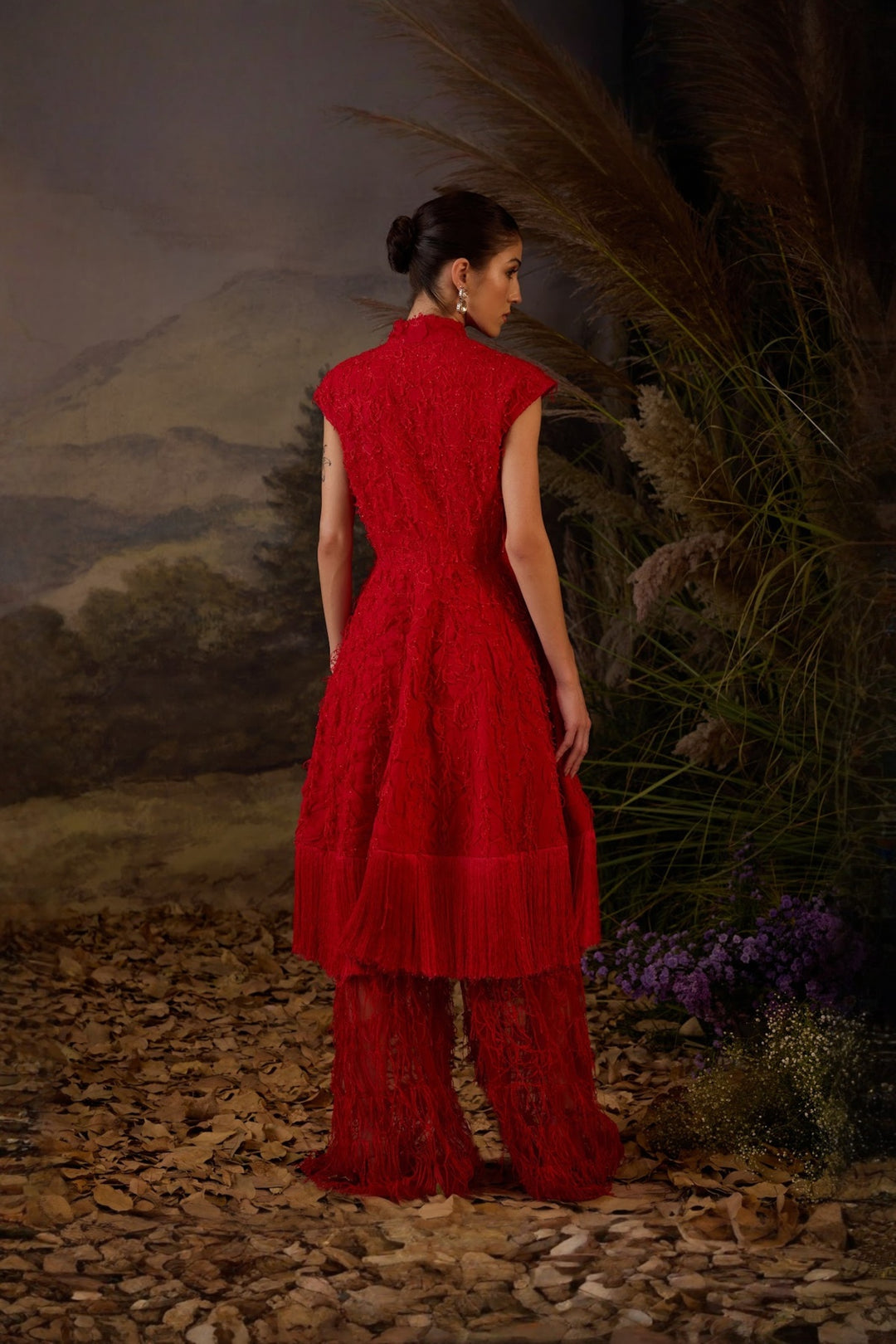 Scarlet red Silk Thread Embroidered Chiffon Jacket with pants