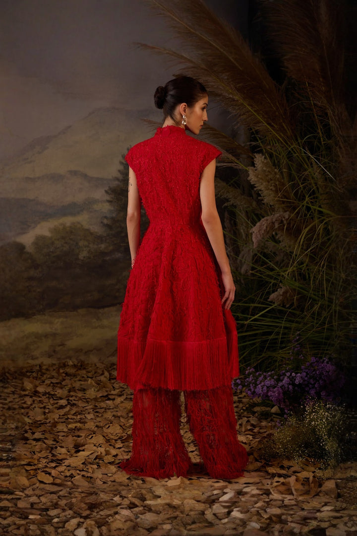 Scarlet red Silk Thread Embroidered Chiffon Jacket with pants