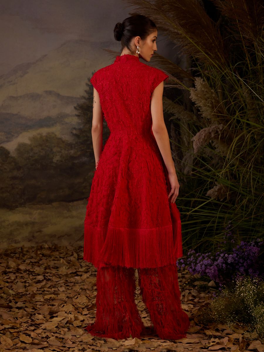 A red Textured  short dress