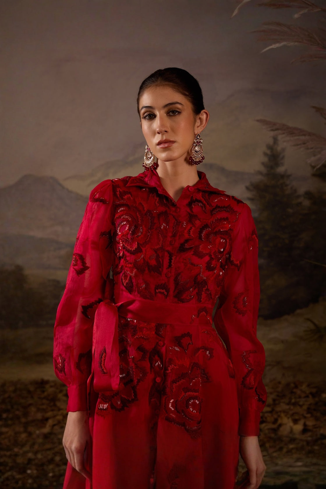 Scarlet Red Tonal Embroidered Yoke Waistline Full Sleeve Gown
