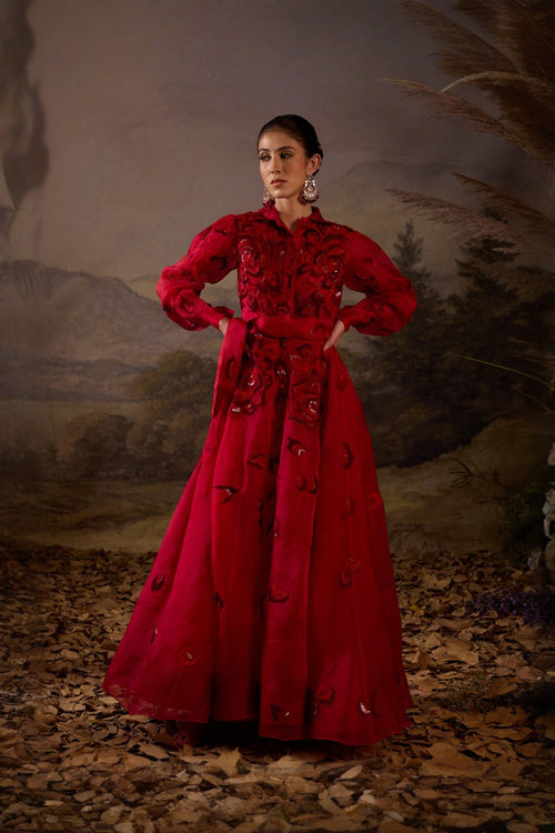 Scarlet Red Tonal Embroidered Yoke Waistline Full Sleeve Gown