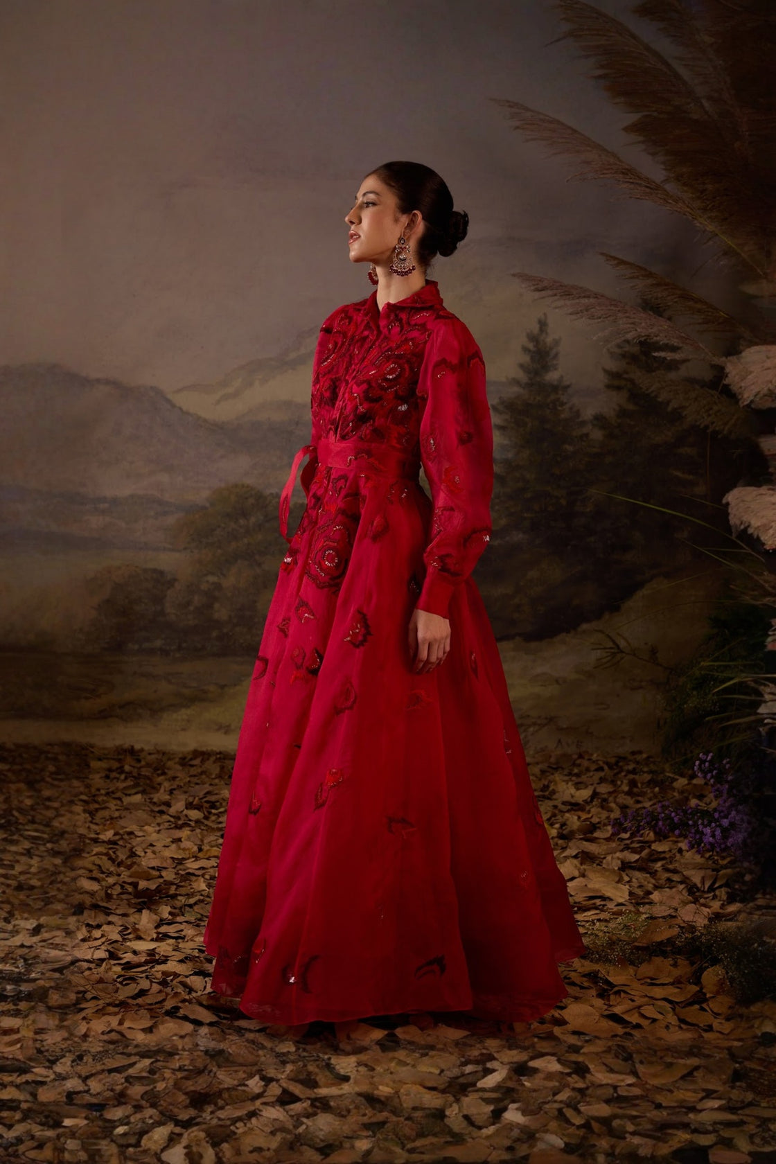 Scarlet Red Tonal Embroidered Yoke Waistline Full Sleeve Gown