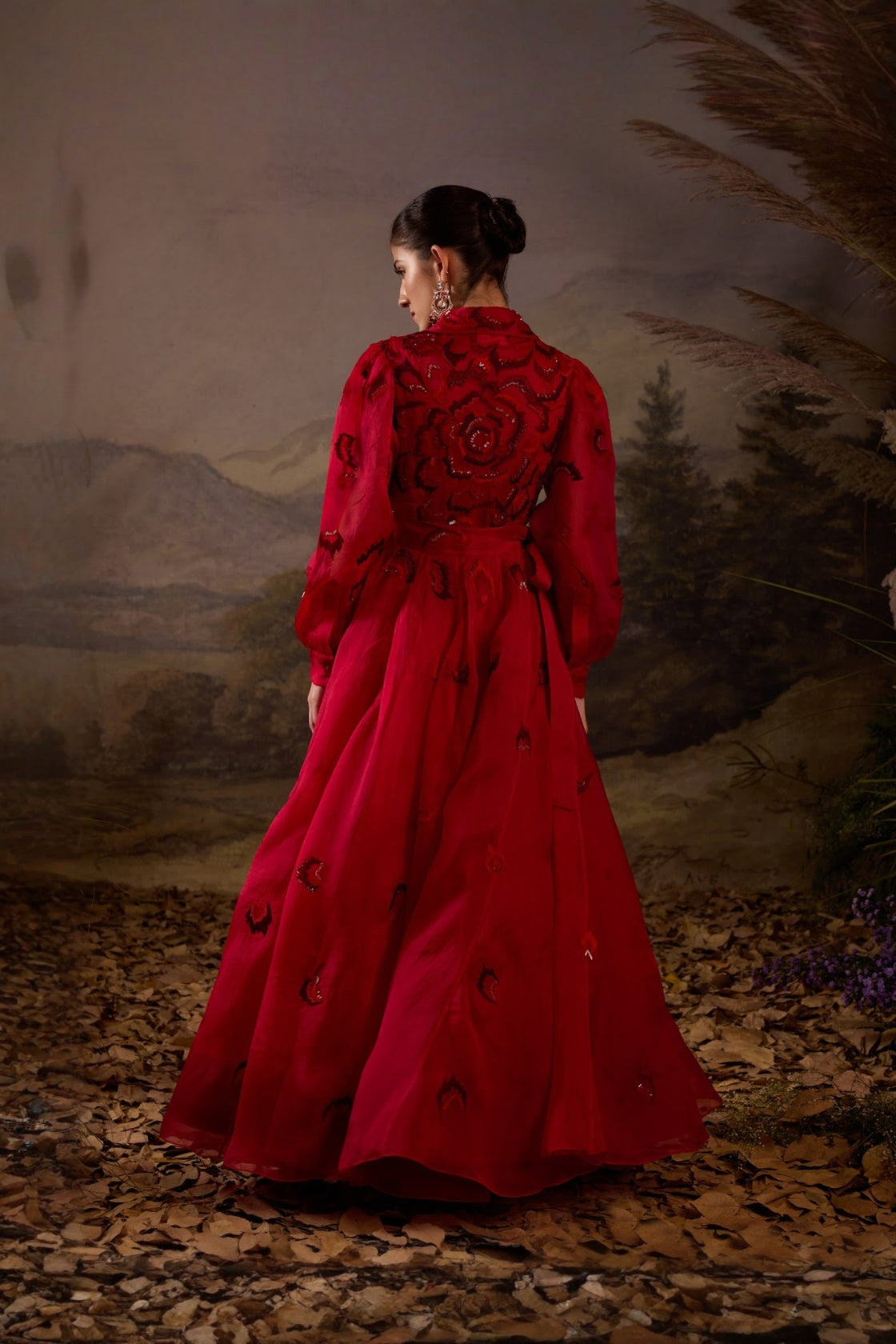 Scarlet Red Tonal Embroidered Yoke Waistline Full Sleeve Gown