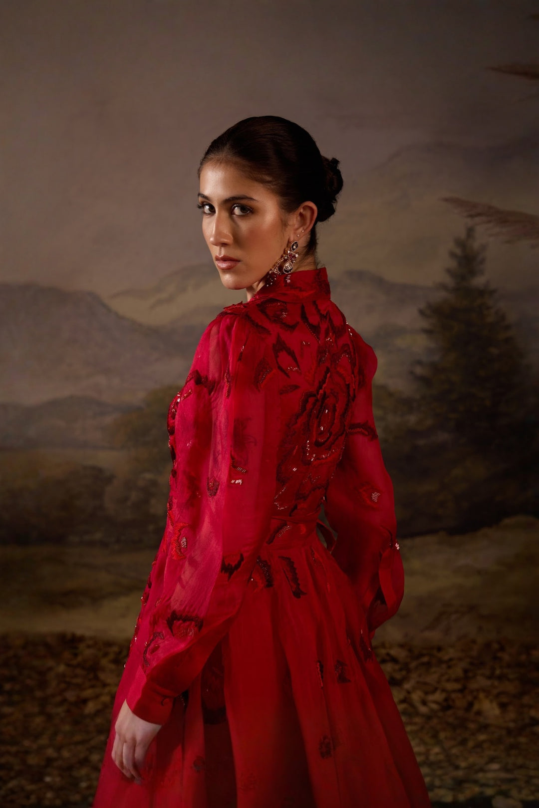 Scarlet Red Tonal Embroidered Yoke Waistline Full Sleeve Gown
